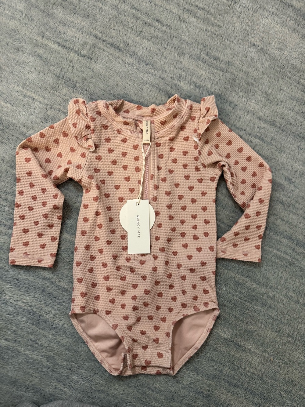 Quincy Mae Mauve Pink Heart Zip-Front Long-Sleeve One-Piece, UPF 50